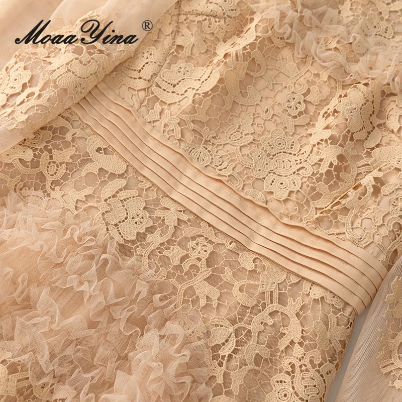 MoaaYina Vestido de renda com gola alta, manga comprida, em camadas, orelhas pretas, franjas, fofo, estilo princesa, para primavera/verão 2025 S-4XL