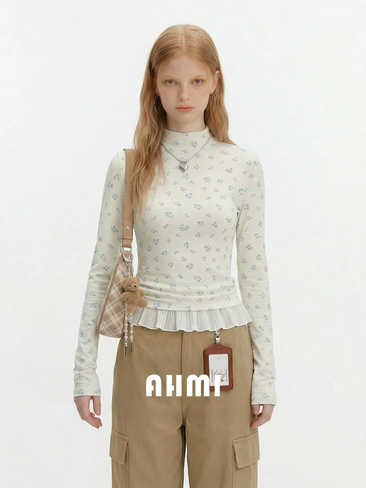 

Женская футболка AHMI с длинным рукавом и высоким воротником, с цветочным принтом, приталенная, повседневная, весна 2026, дышащая, комфортная