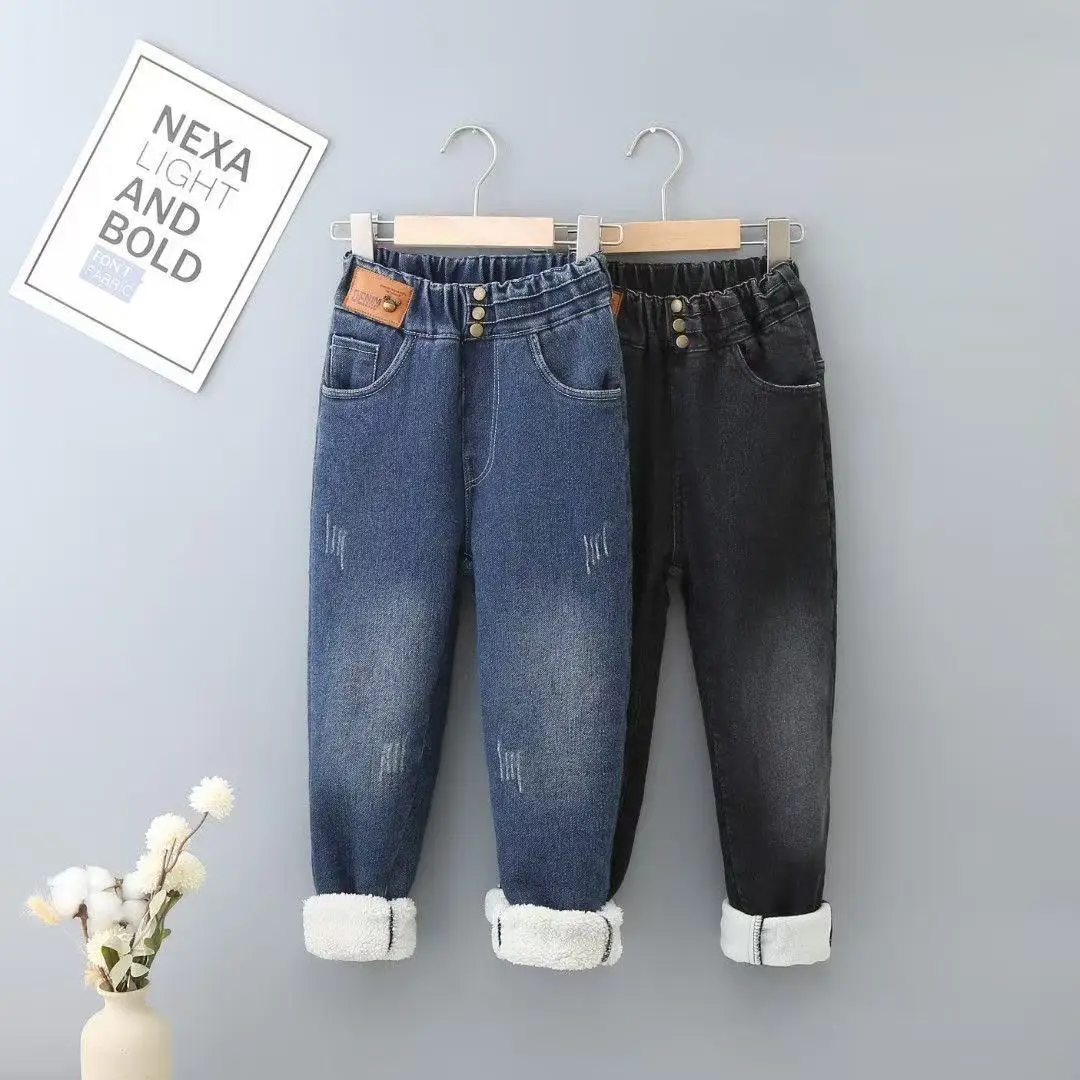 

Girls' Winter Jeans Children's Plush Thick High Waisted Pants Girls' Baby Stretch Slimming Versatile Slim Pants