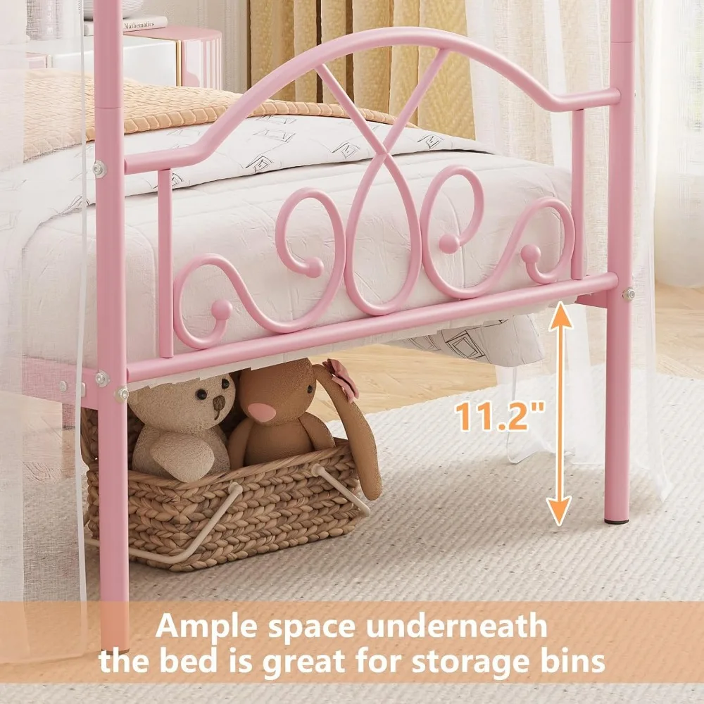 Hemelbedframe met 4 posters, stevige metalen platformmatrasfundering met hoofdeinde en voeteinde, twin-size bed voor kinderen