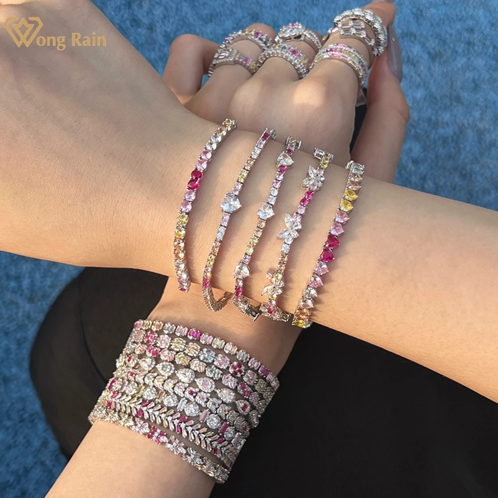 

Wong Rain 925 Sterling Silver Colorful Lab Sapphire High Carbon Diamond Gems Sparkling Tennis Chain Bracelets Jewelry Girls Gift