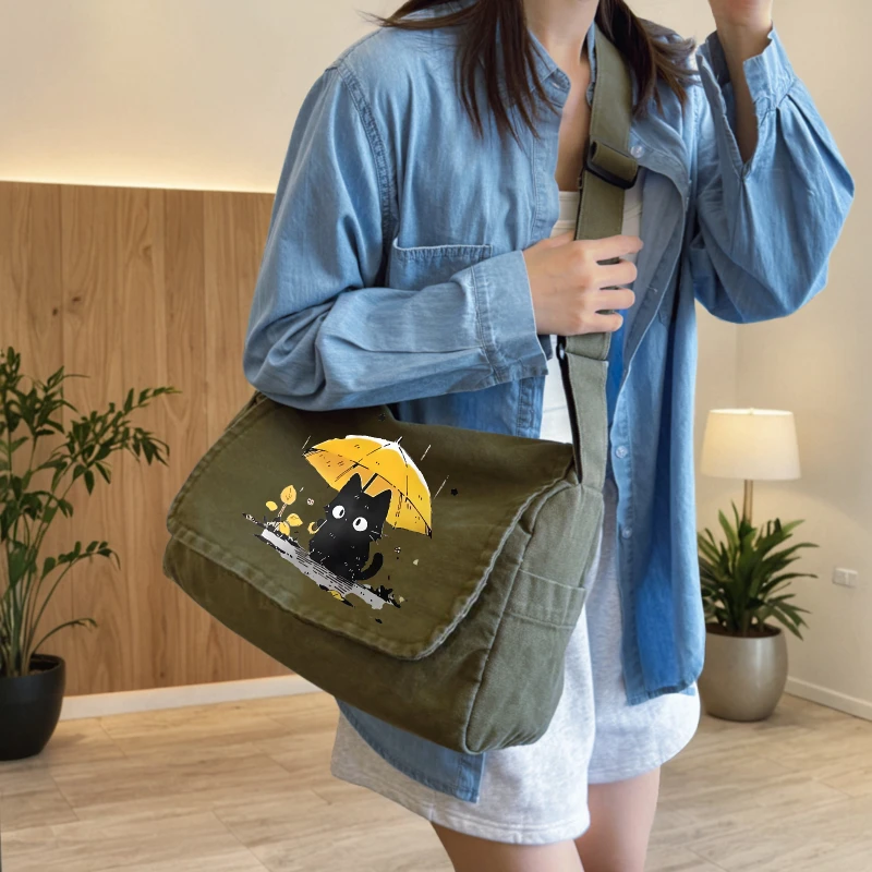 

Women's Bag Vintage Canvas Bag Large Capacity Cartoon Cat Print Shoulder Bag For Women Students Crossbody Book Bag