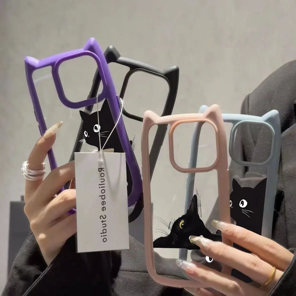 Lovely Black Cat Cute Cat Ear Phone Case For iPhone 16 15 14 13 12 11 Pro Max Transparent Hard Acrylic Soft Silicone Bumper