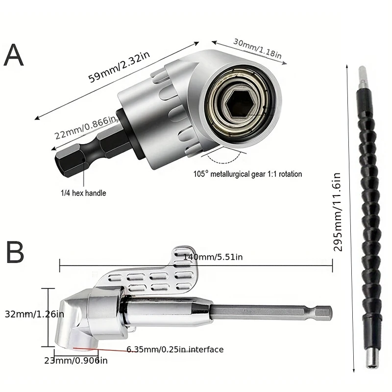 105 Degree Right Angle Screwdriver Extension Shaft Set and Premium 1/4 Inch Hex Bit Connector for Tight and Hard-to-Reach Spaces