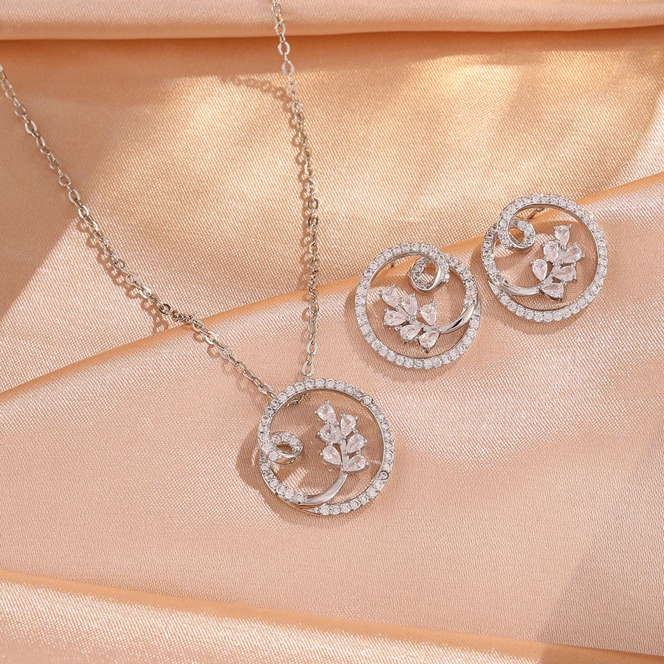ZAKOL Zirconia Flower Leaf Pendant Necklace Earrings Set