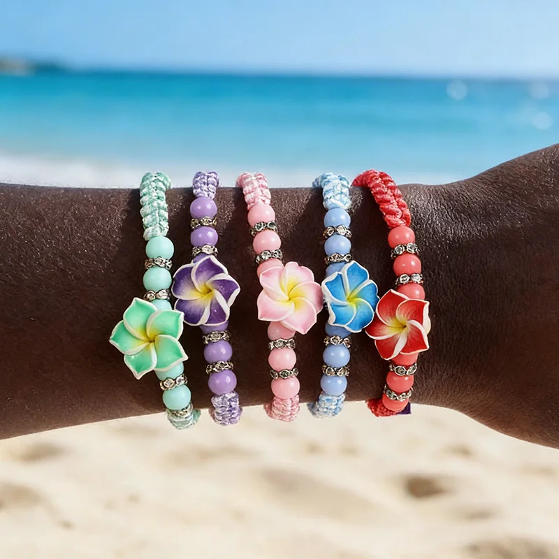 

5pcs Hawaiian Bracelets Luau Summer Beach Party Gift Plumeria Flower Beaded Bangles Aloha Tropical Birthday Decoration Wedding