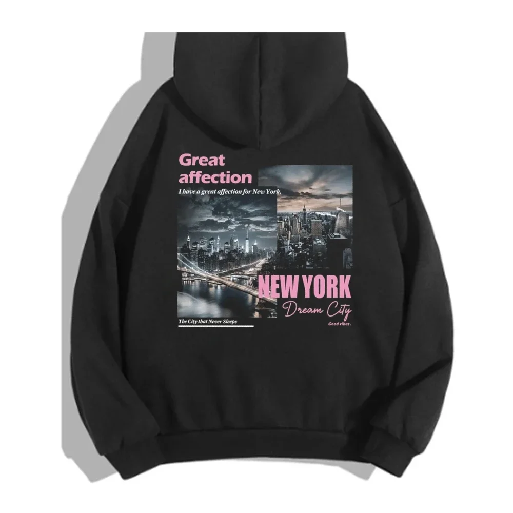 New York Dream City Printed Hoodies Casual Fashion Sweatshirt Women Pullover Fleece Warm Pocket Sweatshirt Sporty Street Clothes