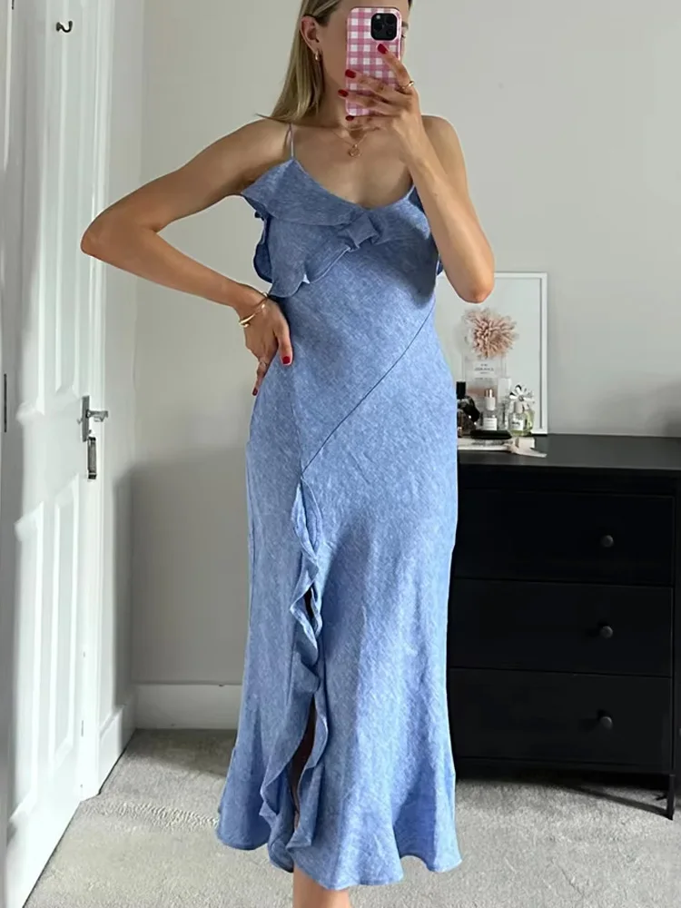 HH Vestido feminino estilo férias de verão com decote em V em camadas assimétrico feminino elegante sexy sem costas alça bainha fenda vestido midi