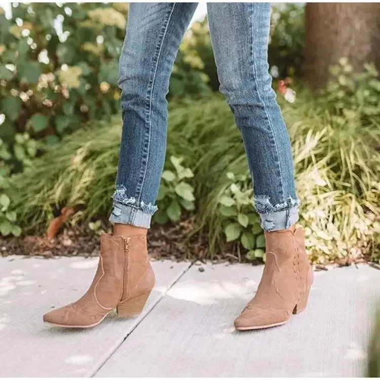 Leather Boots Women Genuine Pointed Toe Mid Heel Ankle Boots Thick Square Heel Slip On Western Boots Cowboy Boots Women New