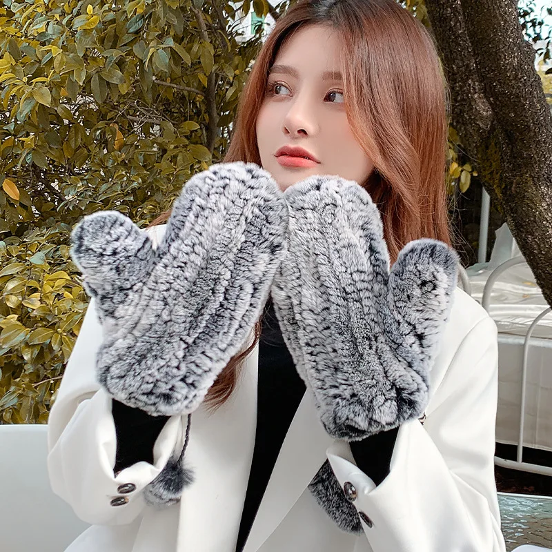 Women\'s Winter Real Rex Rabbit Fur Gloves Warm Thick Ladies Fur Mittens Elastic Girls Ski Glove Mitts Elastic Soft With String