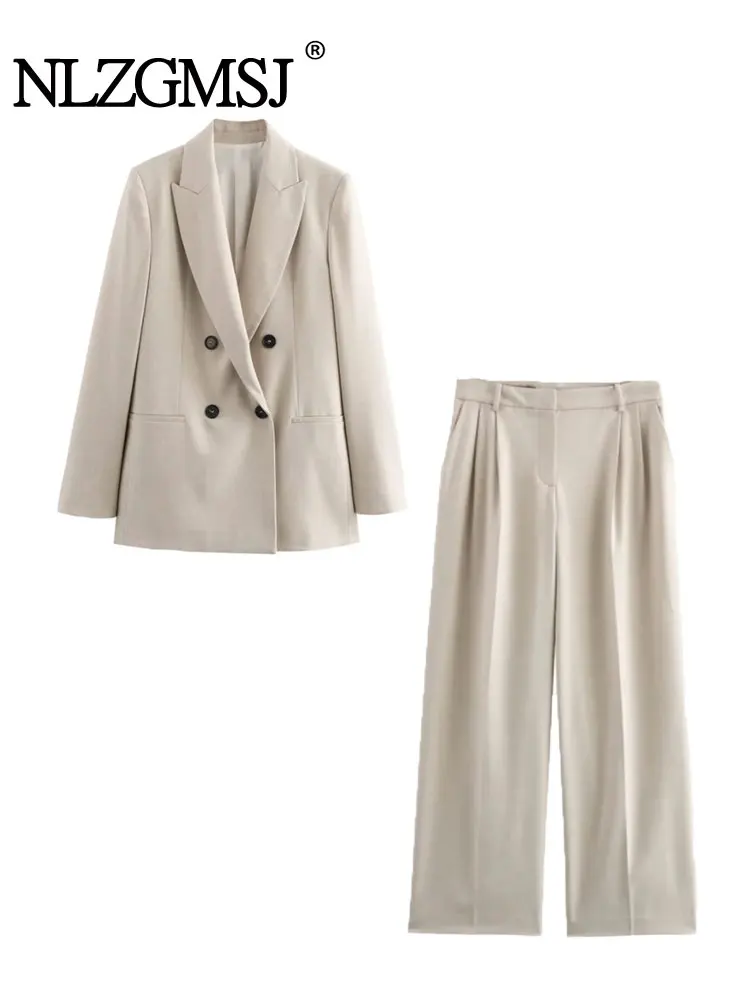 

Весна 2025 года, шикарный офисный женский однотонный женский костюм, двубортный пиджак, прямые свободные брюки, новые модные комплекты