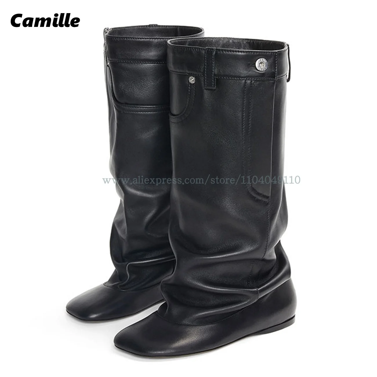 

Classic Black Slip On Wedges Knee High Modren Boots Autumn New Size 34-43 Big Boot Shaft Sexy Boots Square Toe Casual Boots