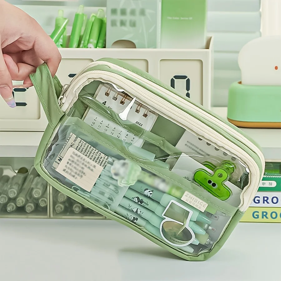 Clear Pencil Bag Portable Color Block Stationery Organizer Large Capacity Student Pencil Case School Supplies Storage Pouch