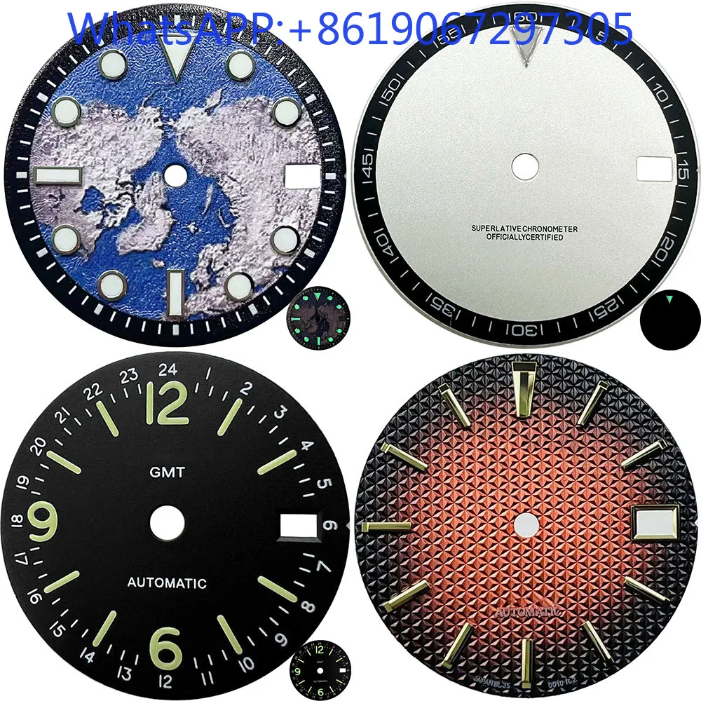 2025  Convex World Map Arabic GMT Watch Dial Suitable for NH35/36/34 Automatic Movement Green lume Creative nh35 case Mod Parts
