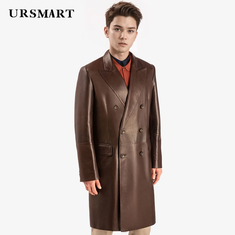 

Men's long leather trench coat with double breasted brown British trend fashionable and elegant custom sheepskin coat for men