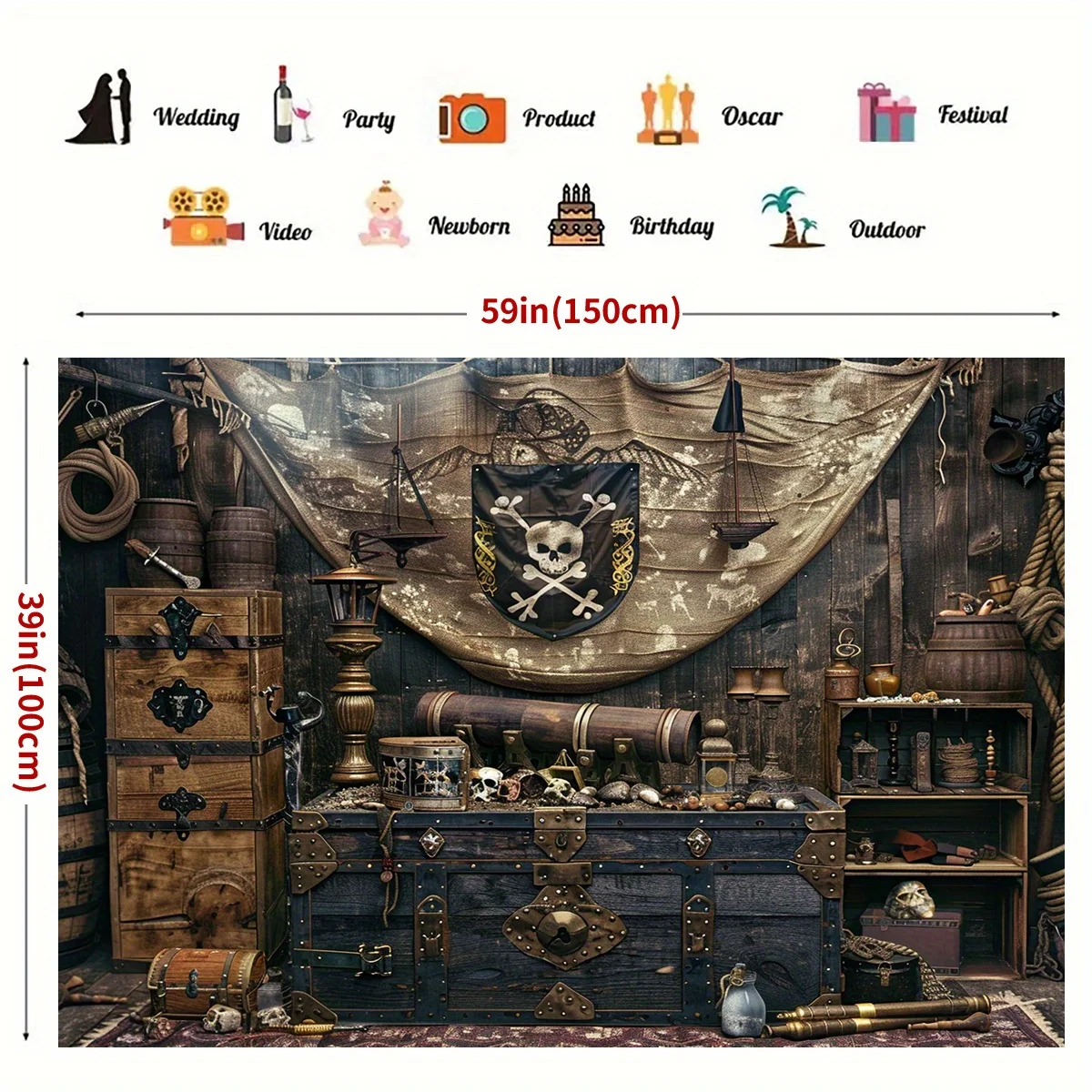 Pirate Party Treasure map background cloth, durable polyester, steering wheel design, suitable for birthdays and events