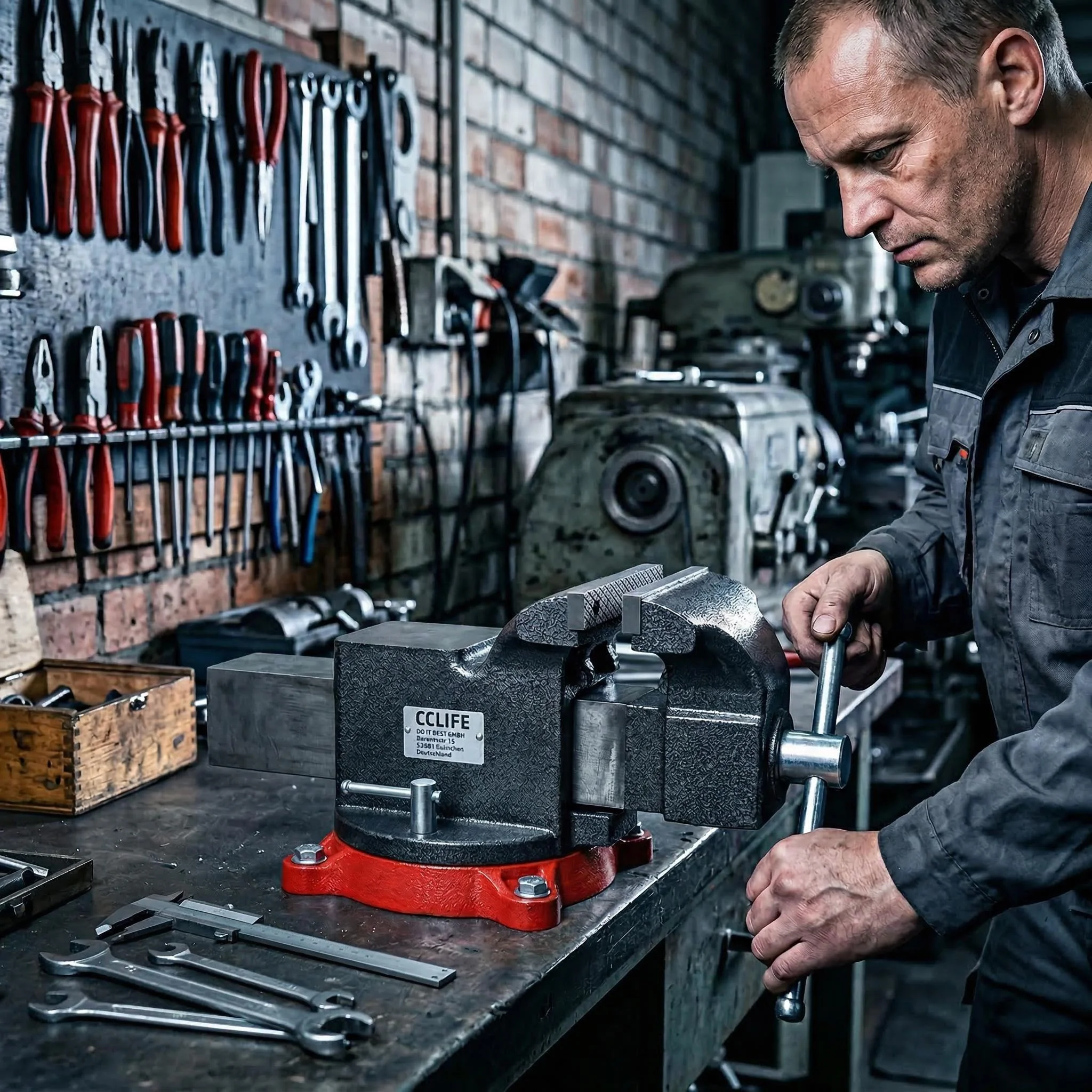 Heavy-duty universal 6-inch vice with 360-degree free-rotation mounting base for industrial use
