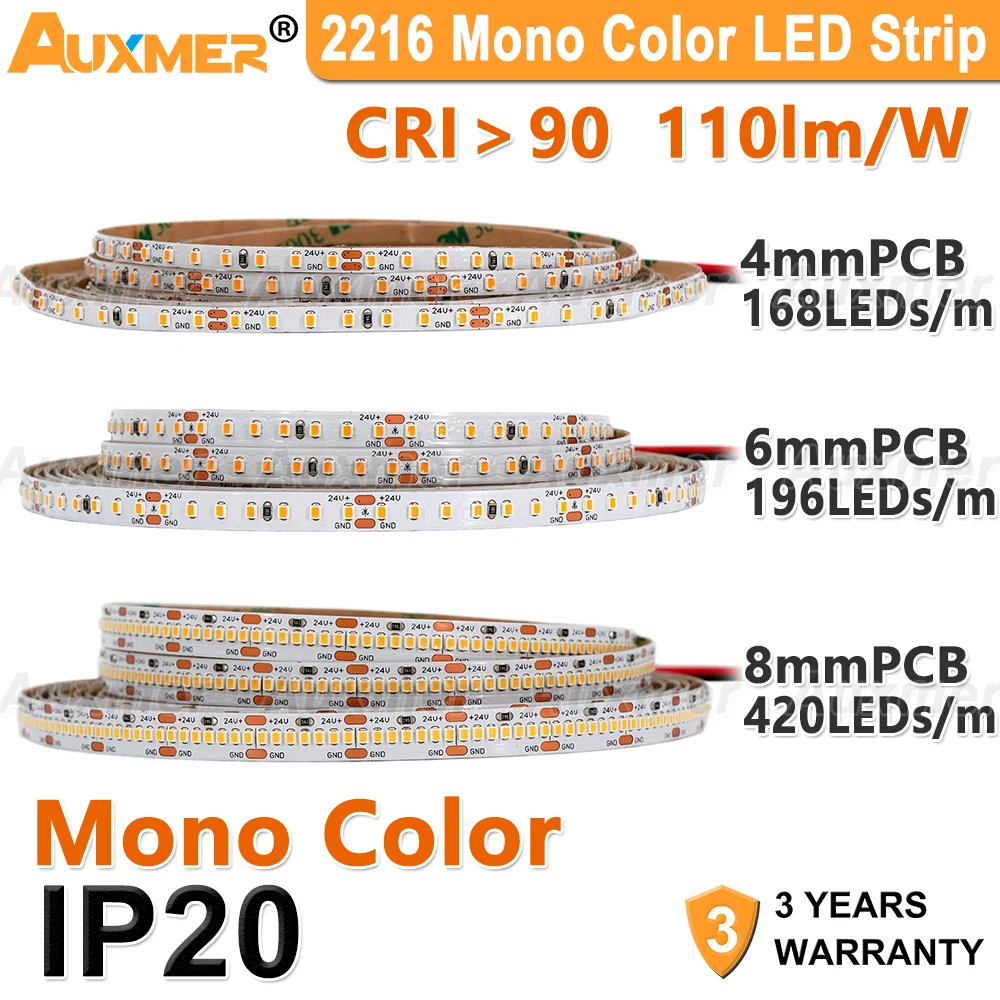 2216 LED Strip Lights,4mm 6mm 8mm PCB,CRI90 110lm/W,Flexible LED Tape DC24V,High Density 2100LEDs/Reel Dimmable LED IP20 5m