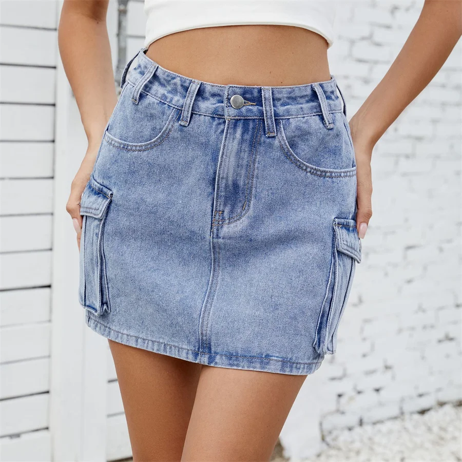 Benuynffy American Retro Multi-pocket Denim Skirt Women Summer High Waisted Slim Bodycon A-line Cargo Mini Skirts 2025 New