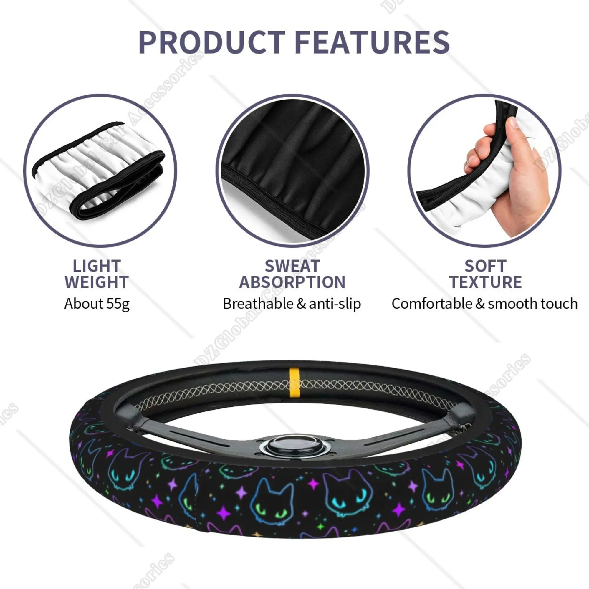 Car Steering Wheel Cover Universal 15 Inch Colorful Neon Cat Heads Steering Wheel Protector Car Accessories for Men Women Decor