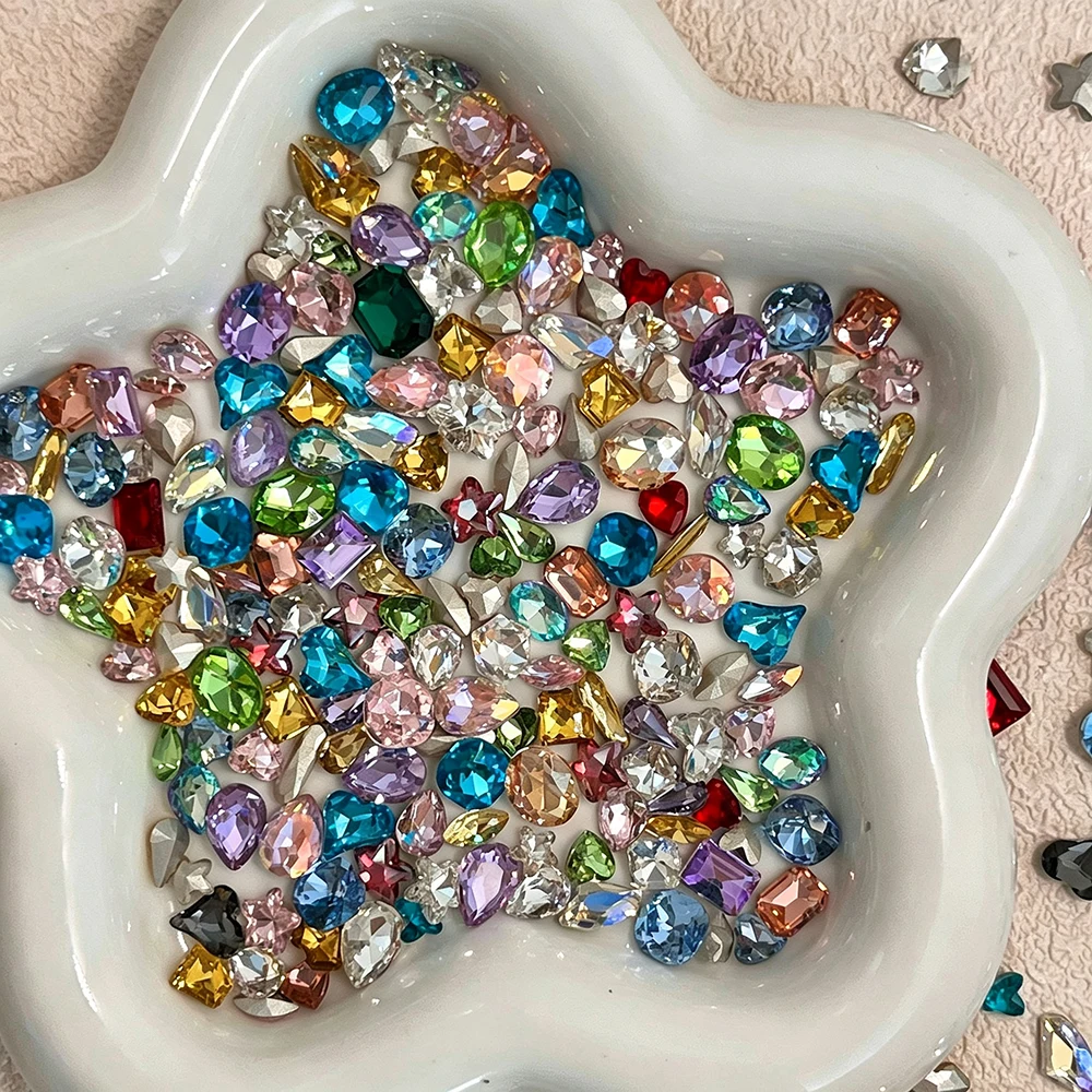 50pcs Mixed Colorful Nail Rhinestones Pointed Bottom Heart Water Droplet 3D Nail Gem Stones Sparkling Micro Zirconium Nail Charm