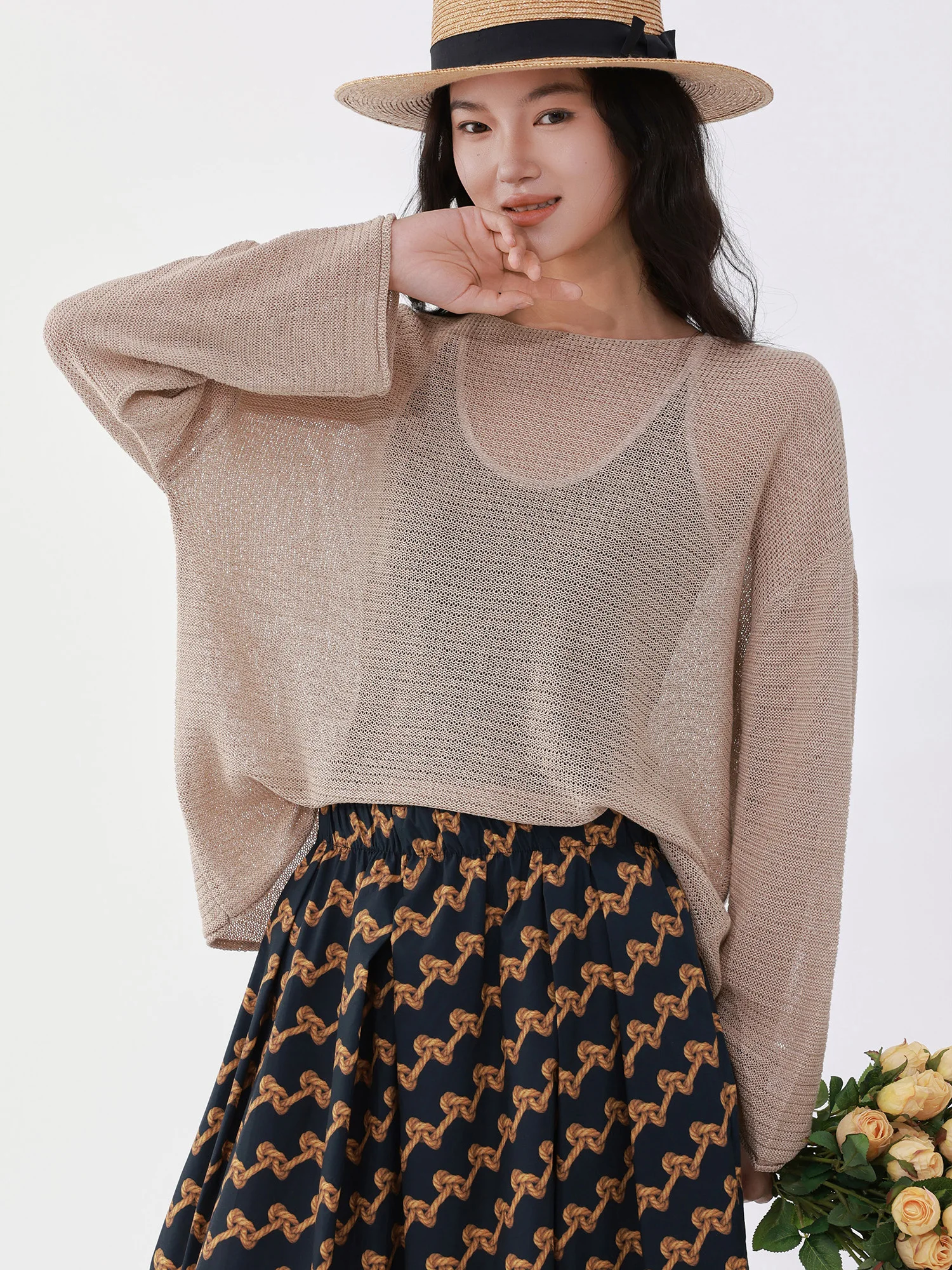 

Long Cloak Banana Hemp Paper Silk One-Shoulder Casual Loose Fit Green Fiber Women's Knitted Top Hand-Picked Style Regular Length