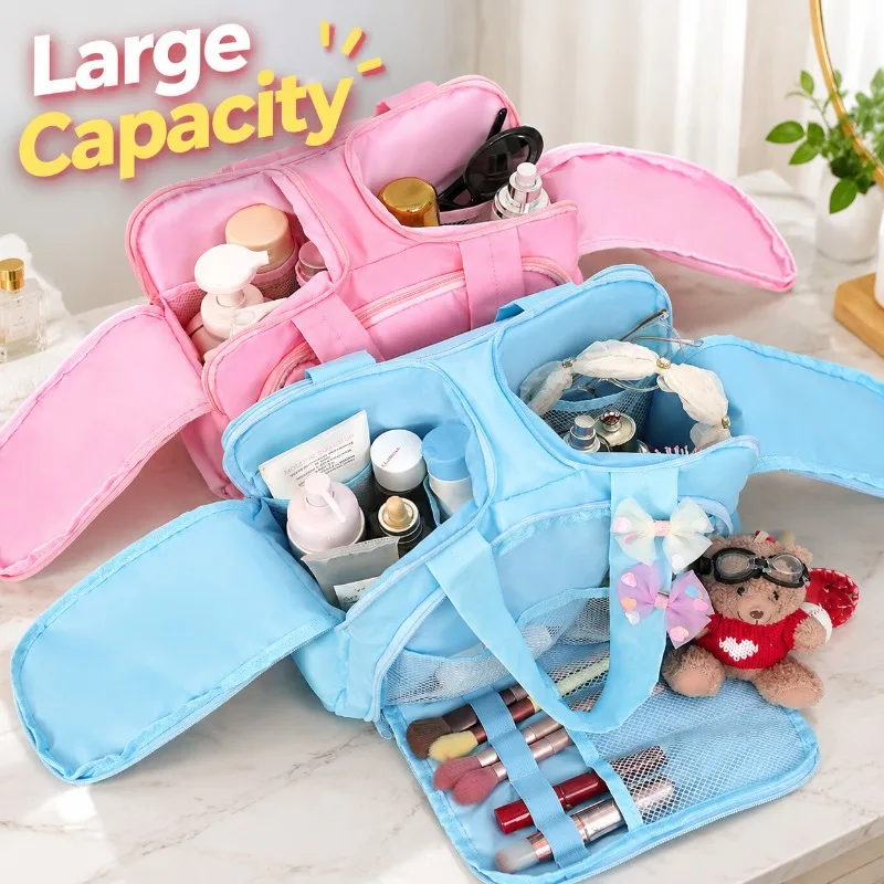 Large Capacity Fluffy Makeup Bag, Dual Wide Opening Portable Cosmetic Storage Pouch, Soft Travel Toiletry Organizer for Skincare