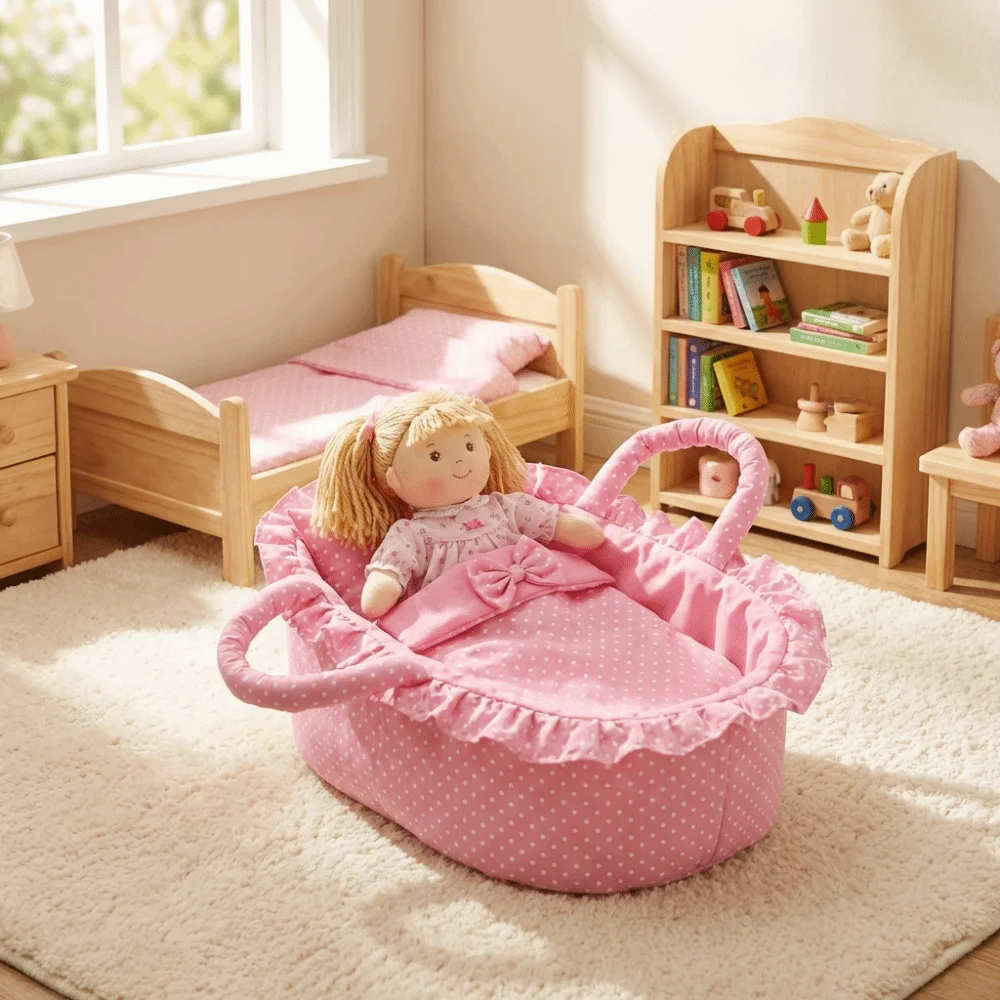 Hand-pull Design Doll Basket Pink Gingham Ruffled Design Dollhouse Accessories Soft Washable Material Pretend Play Toys