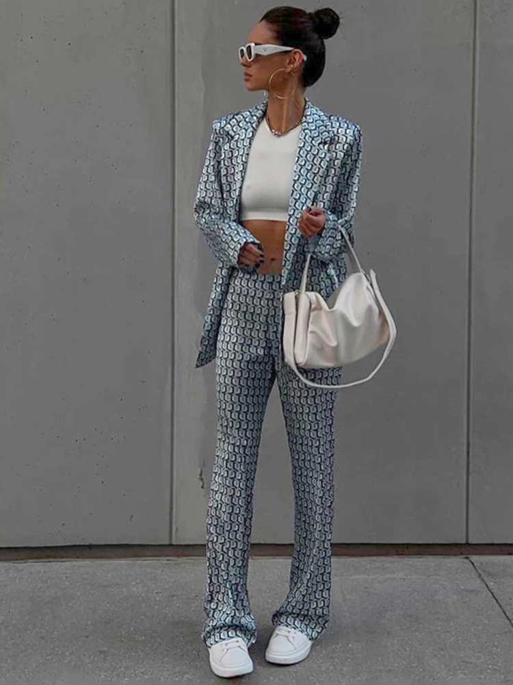 2023 Autumn Winter Women Office Satin Suit Sets V-neck Printed Long Sleeve 2 Piece Pant Set For Women