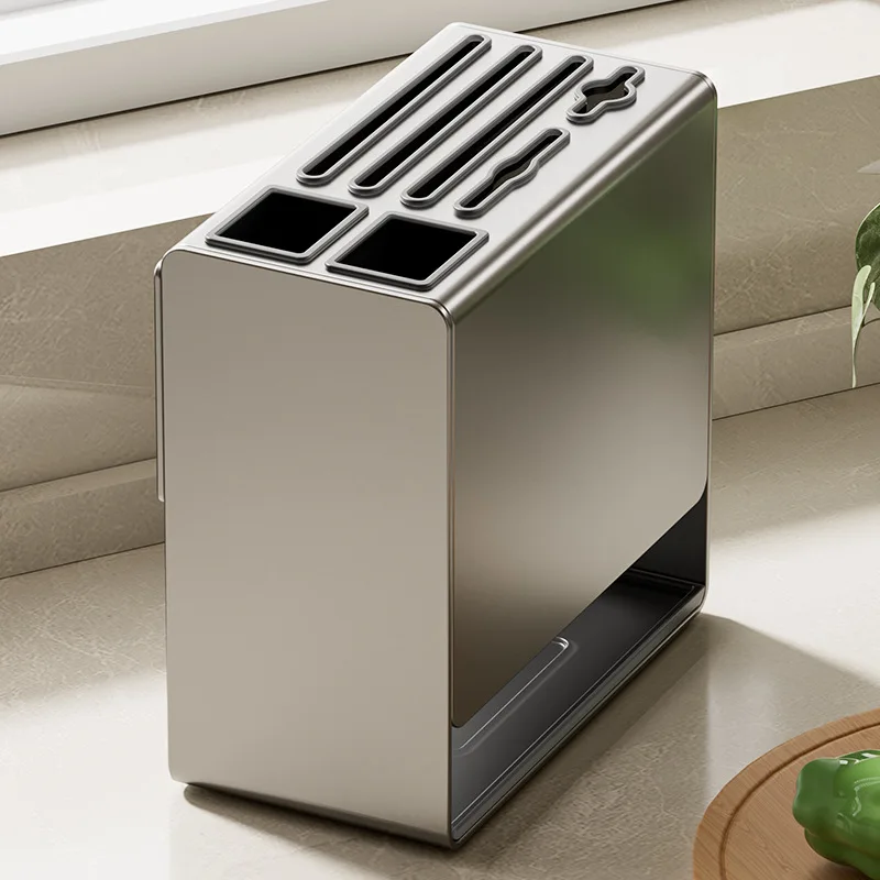 

Gun Grey Kitchen Knife Holder Wall Mounted Storage Rack with Chopsticks Container for Countertop