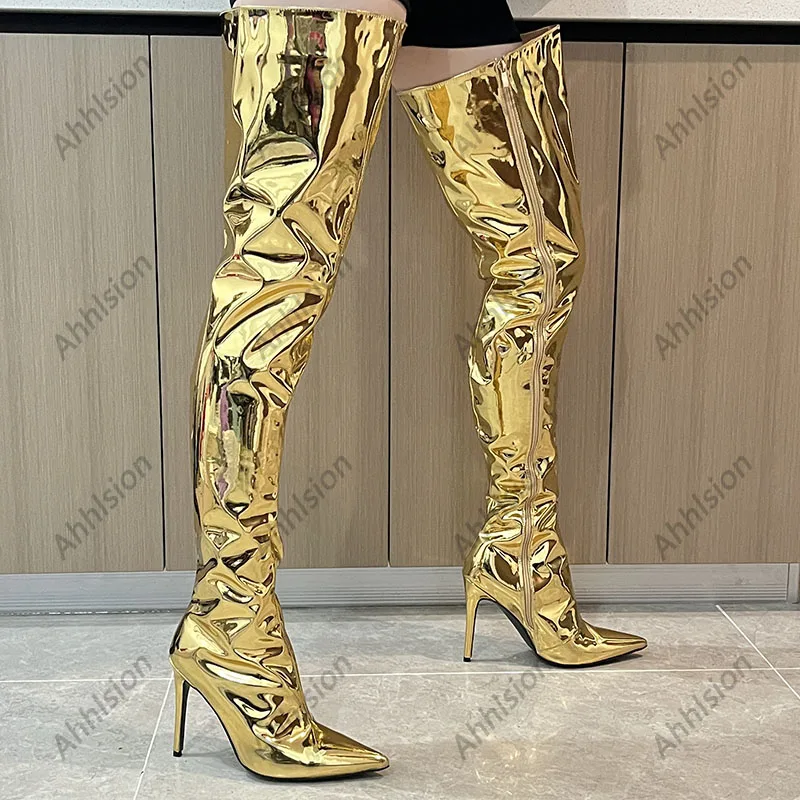 Ahhlsion New Fashion Women Winter Thigh Boots Stiletto Heels Pointed Toe Gold Silver Cosplay Shoes Ladies US Plus Size 5-15