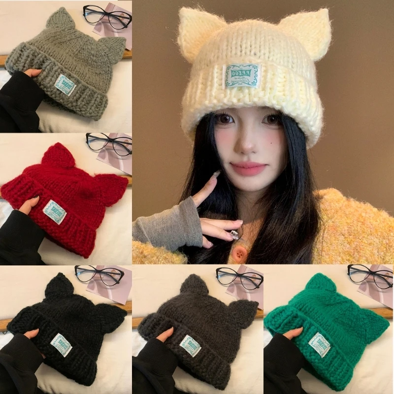 95AB Gorro invierno ganchillo para mujer, gorro tejido con orejas gato, gorro nieve para niña, esquí y ciclismo