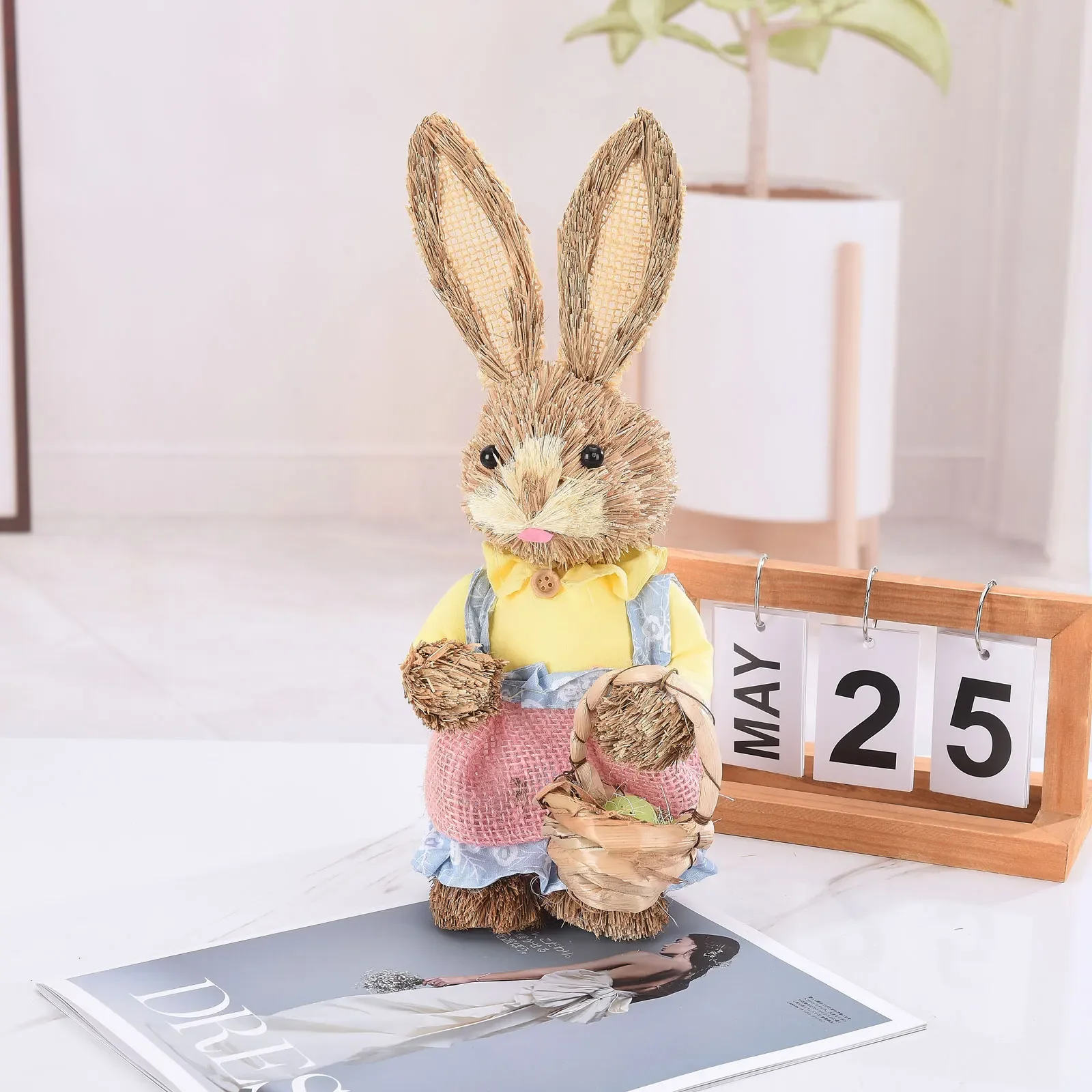 2PCS 23/35CM Straw Bunny Easter Decor Simulation Cute Rabbit Ornament Home Festival Party Window Decoration Props Children Gift