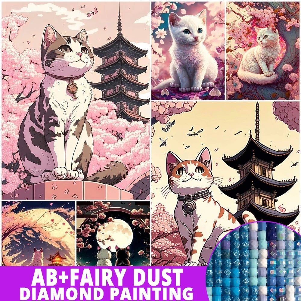 AB Fairy Dust Diamond Painting 2024 New Cat Craft Kit Mosaic Animal 5D DIY Hobby Cartoon Embroidery Sakura Temple Kid Room Decor