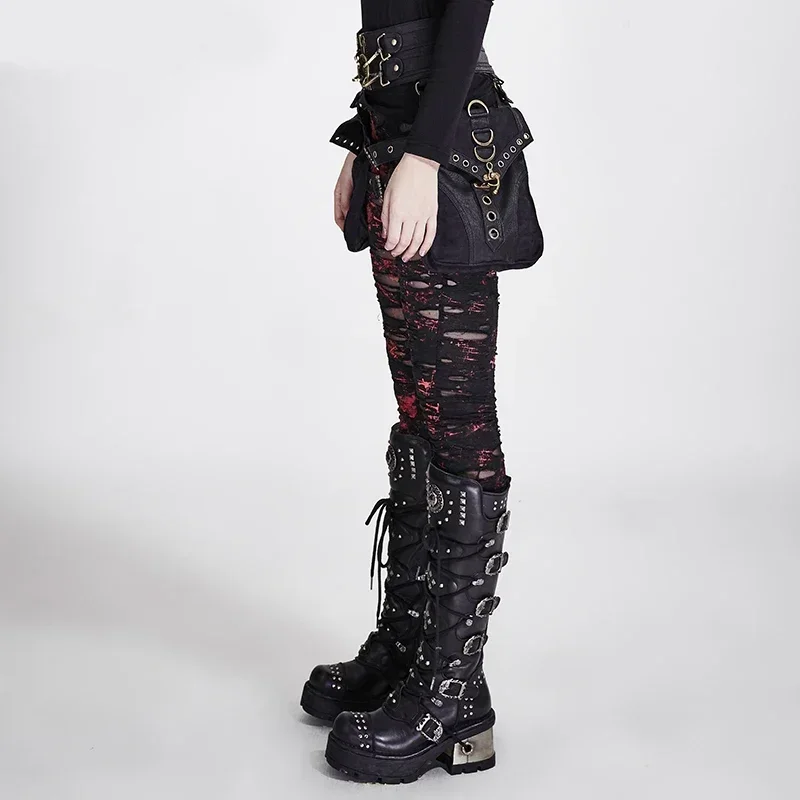 PUNK RAVE-Leggings de malha gótica com buracos para mulheres, crochê, respirável, calças rasgadas, preto, vermelho, charme Steampunk, cintura alta, quebrada, sexy