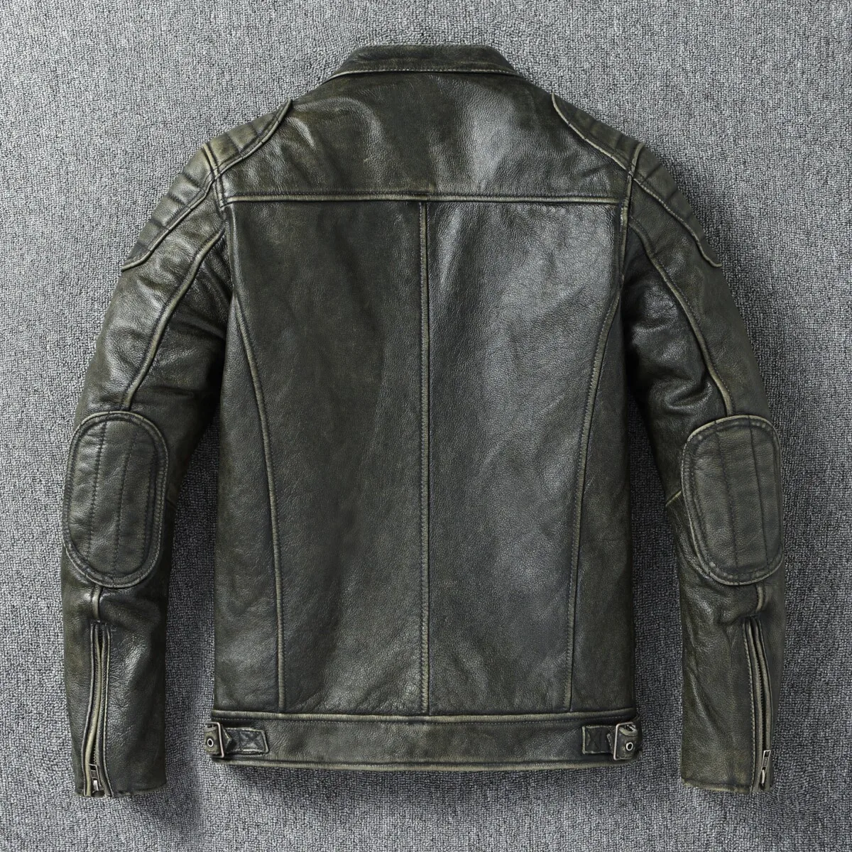 Mens Vintage Amekaji Olive Green Genuine Cowhide Leather Jacket, Washed Distressed Biker Motorcycle Coat, Retro Bomber Outerwear