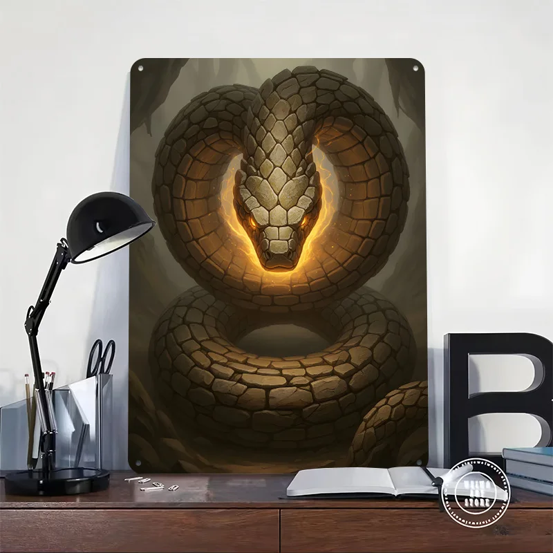 Stone Snake With Glowing Eyes Tinplate Poster Custom Wall Art Vintage Metal Signs Retro Tin Plaque for Home Decor Living Room