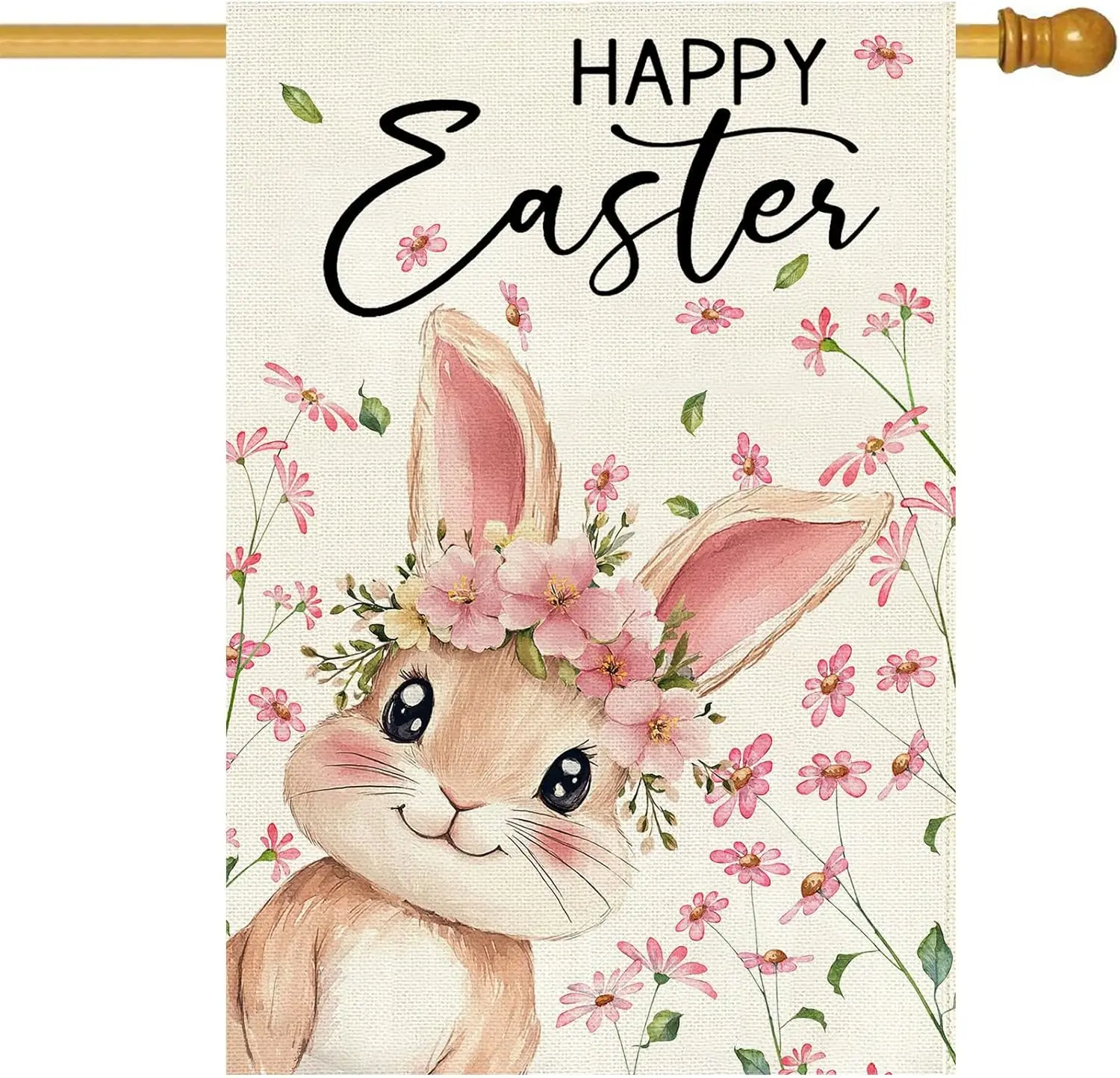 Baccessor Happy Easter House Flag 28 x 40 Inch, Double Sided Burlap Pink Bunny Rabbits Floral Farmhouse Large Yard Flag Seas yyi
