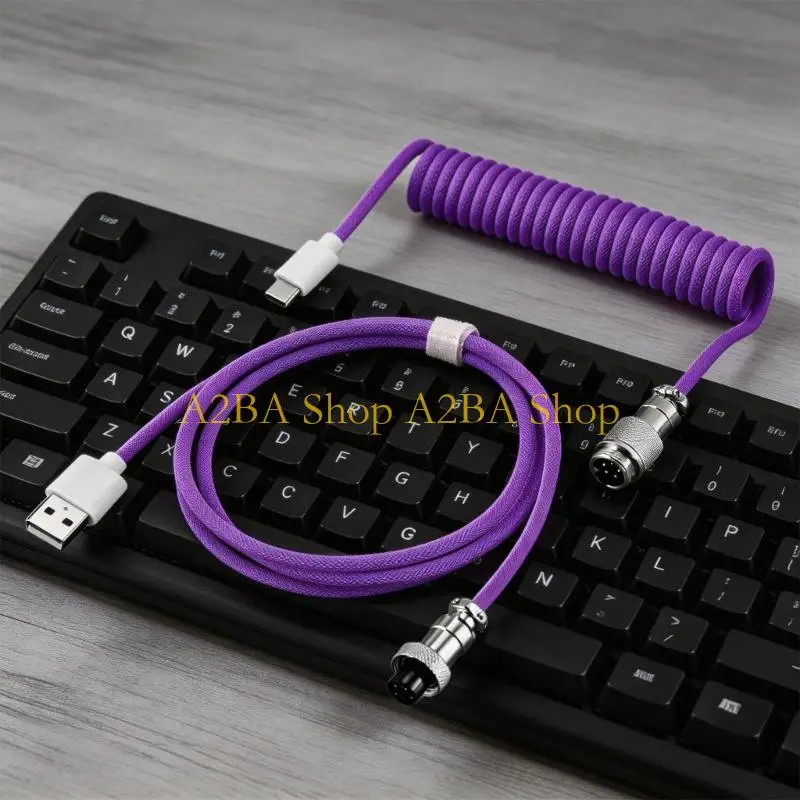 A2BA Flexible Spring Coils USB A To Type C Cable For Gaming Keyboards Extends To 3Meter And Auto Retracts For Tidy Setups