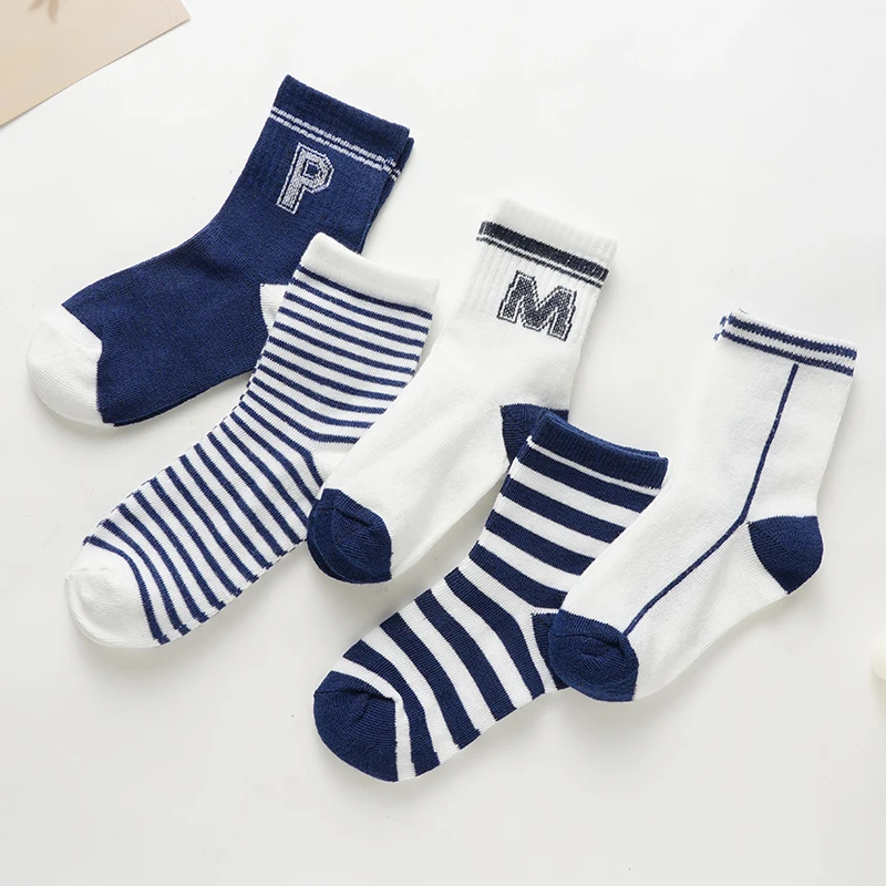 5 Pairs/set Autumn New High Elastic Soft And Comfortable Children's Socks Blue And White Letter Stripe Series Medium Tube Socks