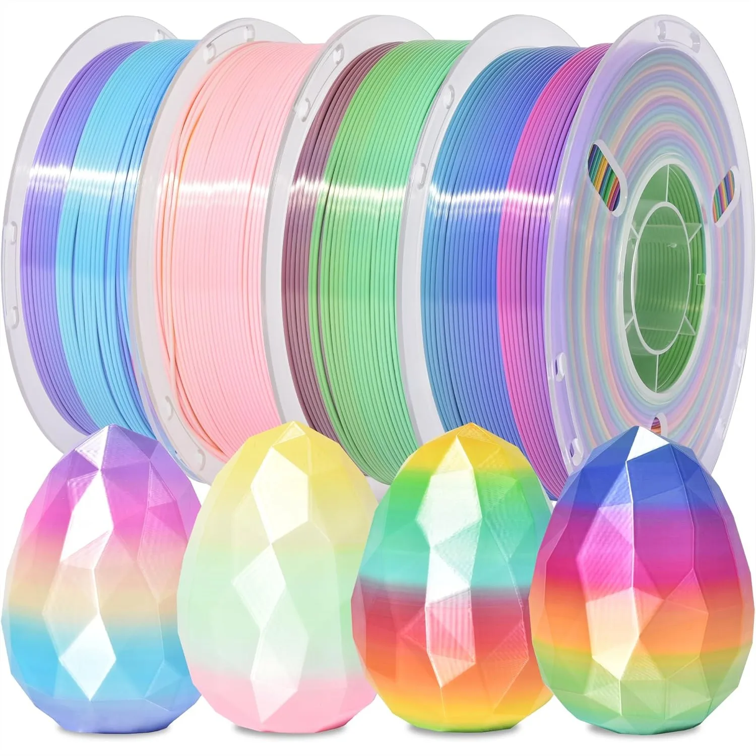 

Rainbow Silk PLA Filament Bundle 4 Colors Fast Color Change, 1.75mm 1kg Each, Candy/Macaron/Ice Cream/Guava, Neatly Wound for 3D