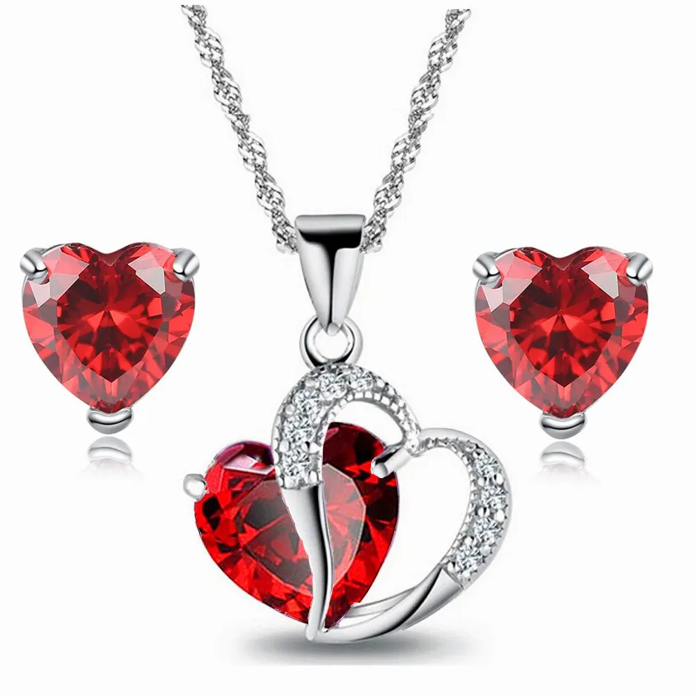 New 925 Silver Cute Heart Crystal Pendant Necklace Earrings Jewelry Set For Women Anniversary Gift Fashion Jewelry