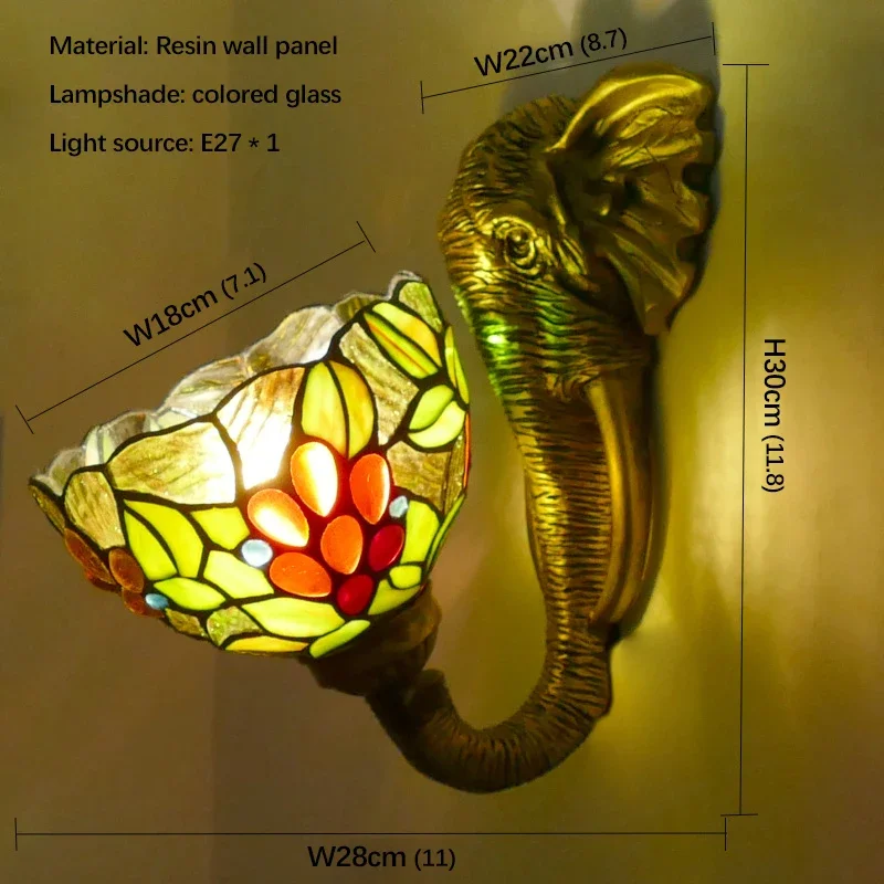 BELLE Tiffany Elephant Wall Lamps Vintage Bedroom Bathroom Mirror Front Lamp Hotel Restaurant Stained Glass Wall Lamp