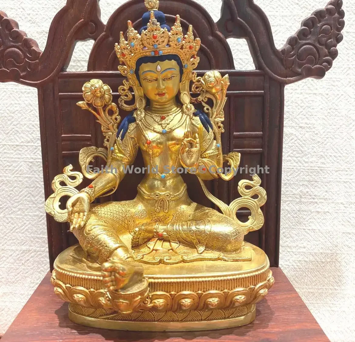 Exquisite Buddha statue copper carving Green Tara Bodhisattva goddess statue Buddhist Family Temple Monk Worship Offering