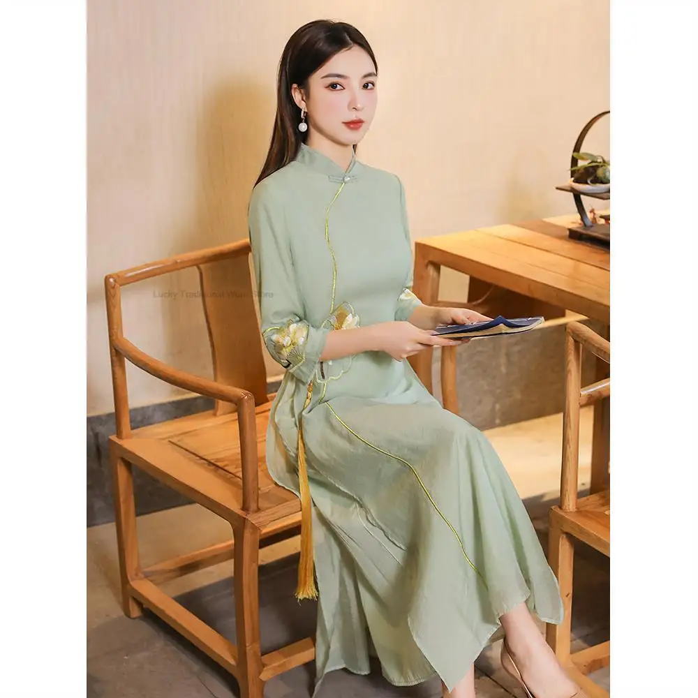 Chinese Style Cheongsam Young Lady Modified Daily Temperament Embroidery Long Dress Vintage Vietnam Women Ao Dai Qipao Dress