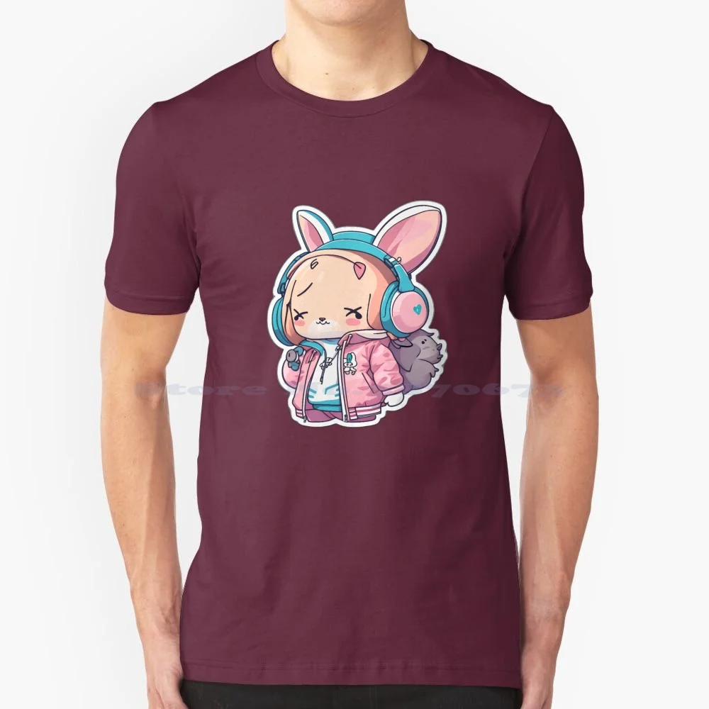 Cool Bunny With Bruh Face T Shirt 100% Cotton Tee Bruh Headphone Cool Cute Jacket Pink Bunny Kawaii Friends