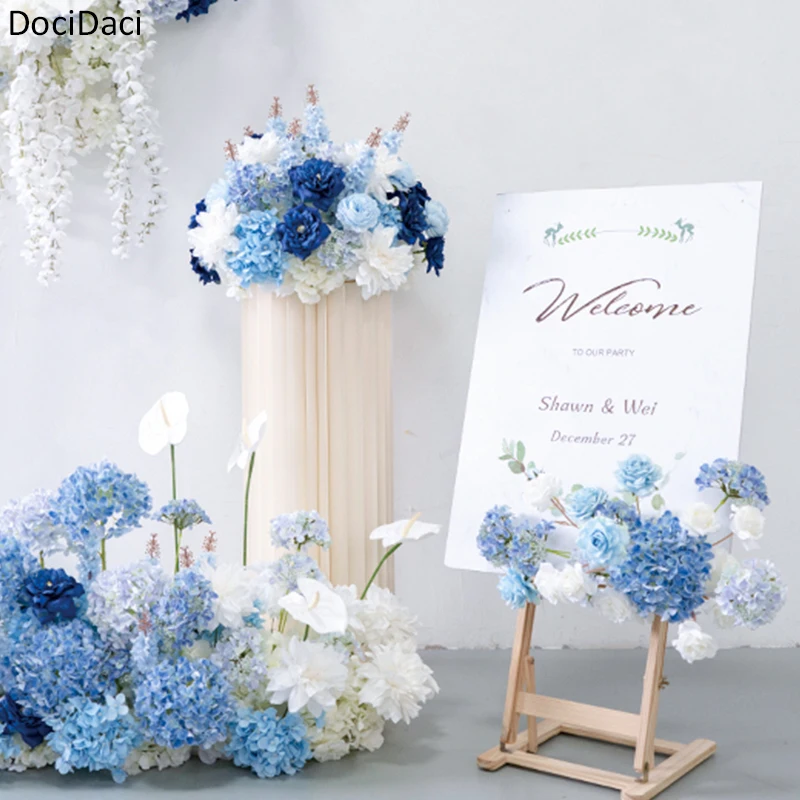 

Artificial Silk Roses Flowers Ball Blue Hydrangea Backdrops Wall Hanging Centerpieces Table Wedding Home Decoration Fake Floral