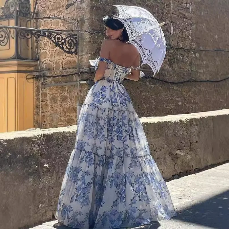 فستان سهرة من الأورجانزا بدون أكتاف ثلاثي الأبعاد مطبوع عليه زهور فستان رسمي طويل للحفلات للنساء من المكتب حتى الليل ​