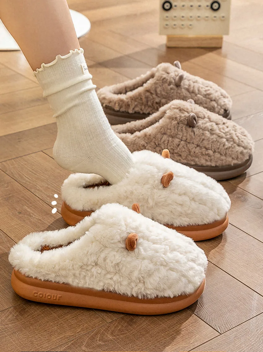 

Женские зимние теплые милые тапочки с героями мультфильмов, нескользящая меховая домашняя обувь с закрытым носком, мужские домашние плюшевые тапочки на толстой подошве для спальни