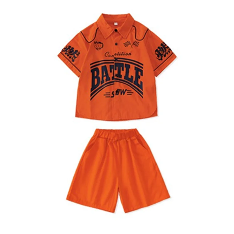 Boy Hip Hop Short Sleeved Orange Shirt Street Dance Shorts Clothes Sets Girls Blouse Children Summer Streetwear Kids Costumes